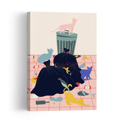 Cats Playful Contemporary Bird Cat Fish City Wall Art Print