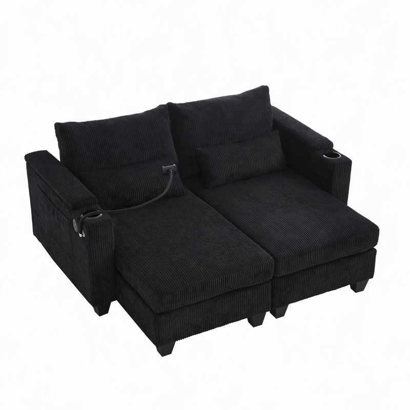 Canapé-lit convertible avec méridienne de 63 po et canapé-lit en velours côtelé avec ports USB, deux porte-gobelets, un porte-téléphone et un grand espace de rangement et une chambre à coucher