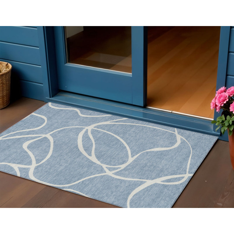 3' X 5' Denim Blue Abstract Washable Indoor Outdoor Area Rug