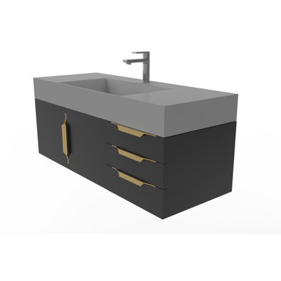 Meuble-lavabo mural simple 48 po avec comptoir à surface solide - base noire, plateau gris, poignées dorées