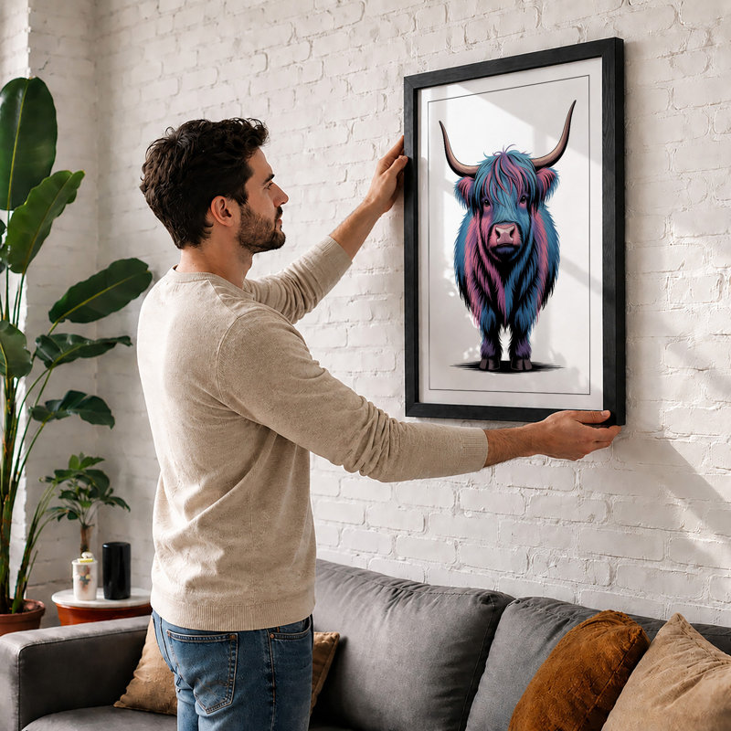 Highland Bull Portrait Modern - Framed Print, A4 - 29.7 x 21.0 cm, Oak