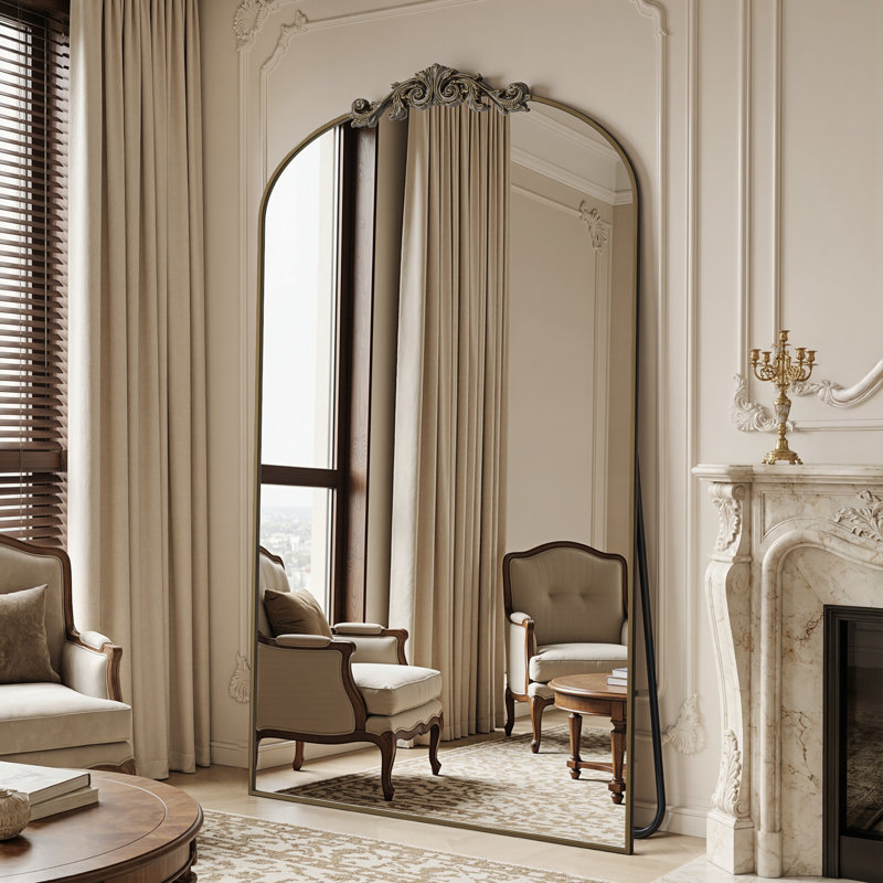 Miroir arqué rétro pleine longueur avec miroirs de plancher sculptés et surdimensionnés pour HomeDecor, 72 po x 44 po, Bronze