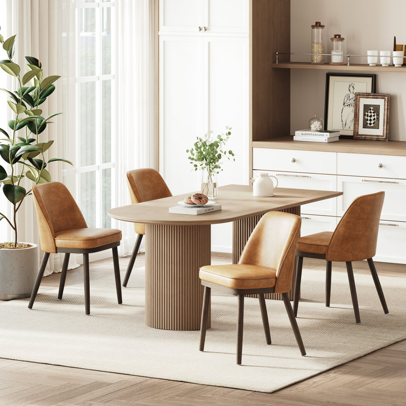 Chaise de salle à manger rembourrée moderne avec dossier courbé et pieds en bois massif, Marron clair