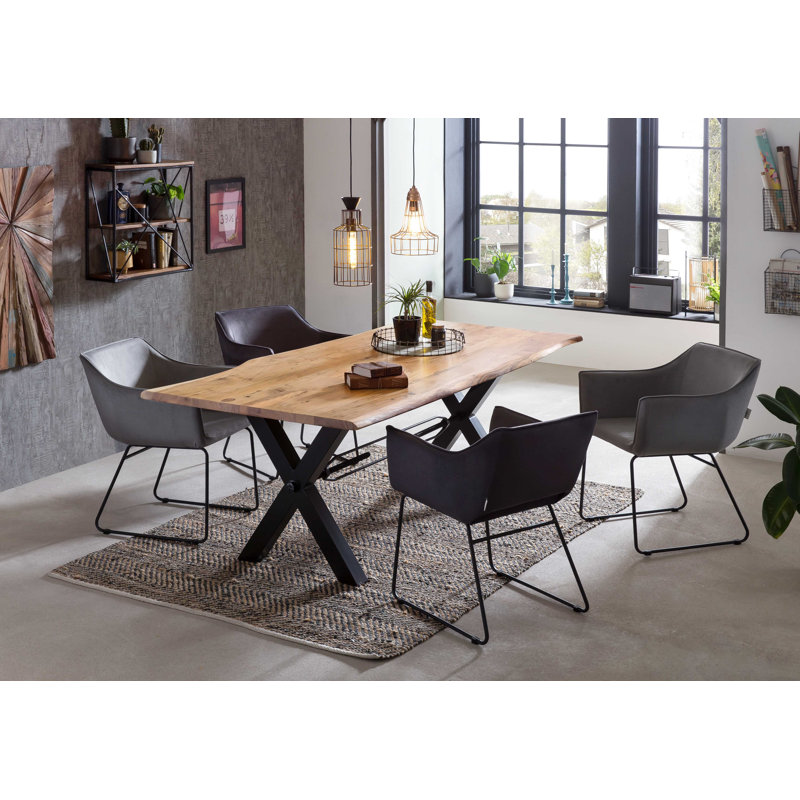 Nakke Acacia Rectangular Wood Top Dining Table with Steel Base, Black