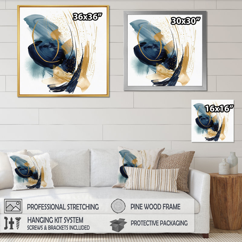 «Dark Blue and Gold Strokes XVII», reproduction d'art sur toile, H 30 po x l 30 po x P 1 po, Cadre flottant doré