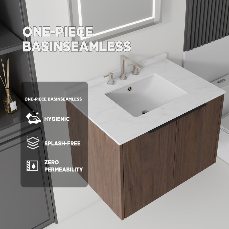 Meuble-lavabo flottant 30 po avec lavabo et porte à fermeture en douceur, Brun, 30"
