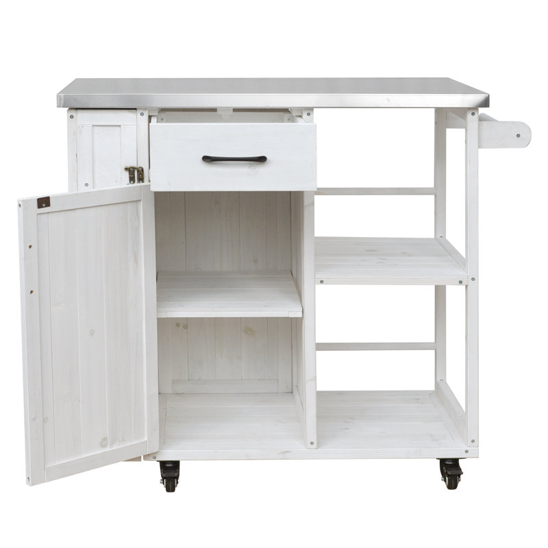 Îlot de cuisine mobile 40,5 "avec plateau en acier inoxydable, armoire à épices cachée et structure en bois massif, Blanc