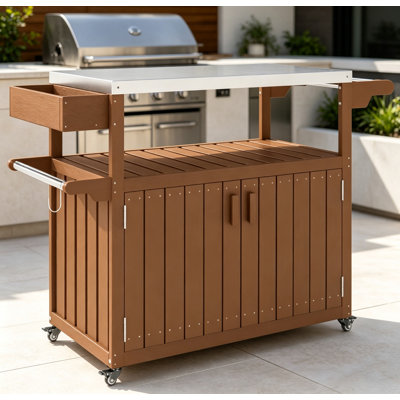 Rolling Outdoor Bar Cart with Stainless Steel Countertop, HDPE Mobile Kitchen Prep Island with Lockable Wheels & Multi Storage