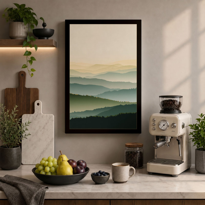 Mountains at Daybreak Scandinavian - Wrapped Canvas, 30x20 - 76.2 x 50.8 cm, Ochre Border