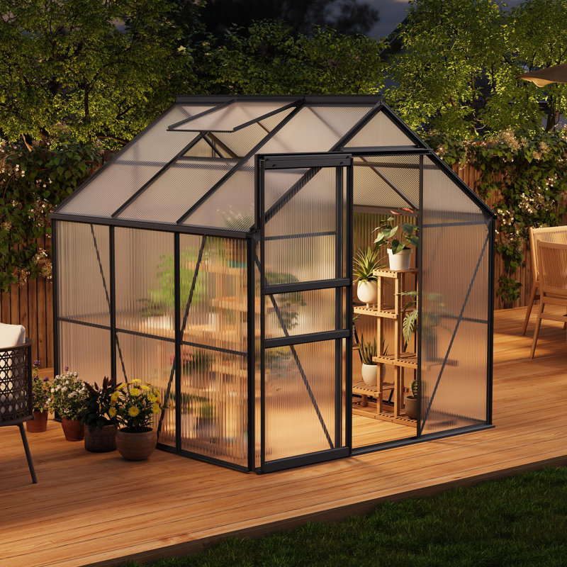 Black 6x6 Ft Outdoor Polycarbonate Walk-in Greenhouse with Roof Vent, Lockable Push Door and Ground Nails for Garden or Backyard
