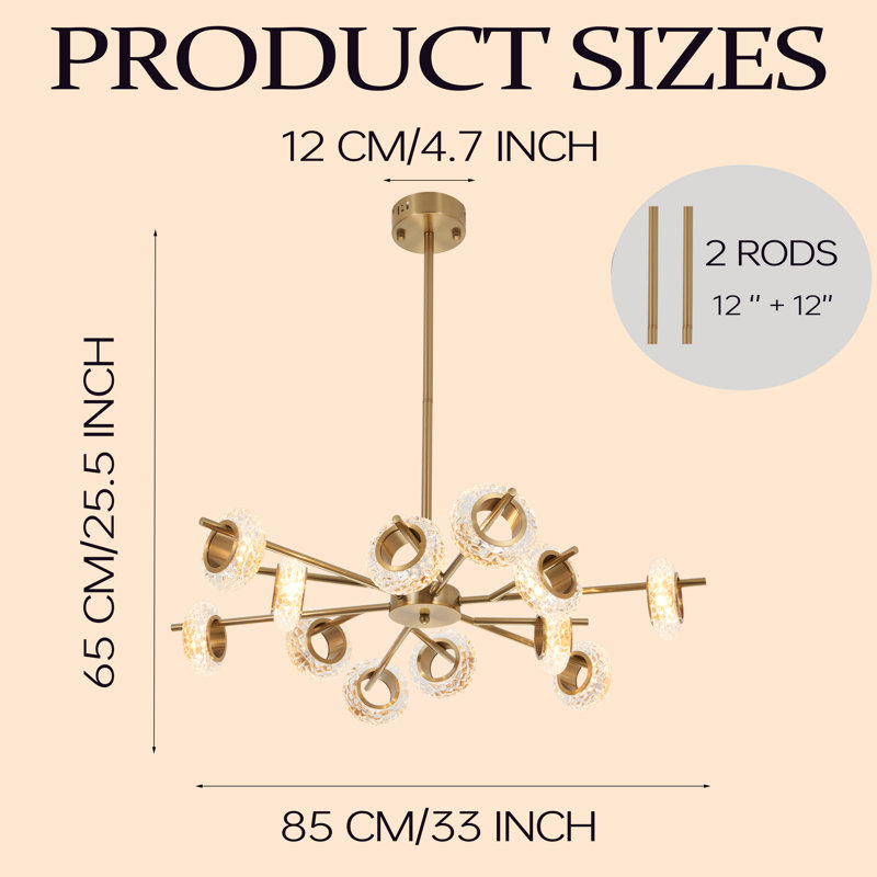 12 - Light Sputnik Modern Linear Chandelier With Glass Ring