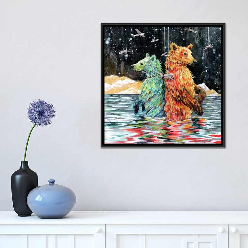 « bear back », impression sur toile tendue, H 18 po x l 18 po x P 1,5 po, Toile avec cadre noir, Blanc