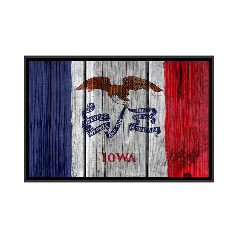 Iowa flag, bois planches, impression sur toile, H 18 po x l 26 po x P 1,5 po, Toile avec cadre noir, Pas de tapis