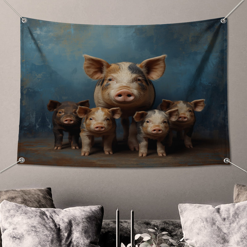 Tapisserie murale cochon «Family Portrait», 68in H x80in W with 4 Grommets