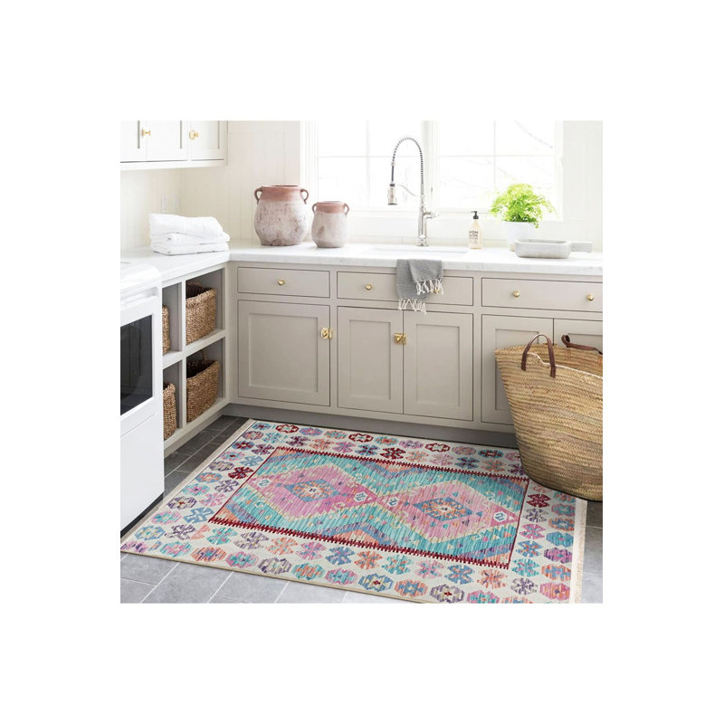 Tapis décoratif tissé à motif traditionnel lavable, Sous-tapis rectangulaire de 3 pi 3 po x 4 pi 11 po