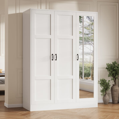 3-Door Wardrobe Closet With Full Length Mirror, Freestanding Storage Cabinet With Adjustable Shelves And Hanging Rod