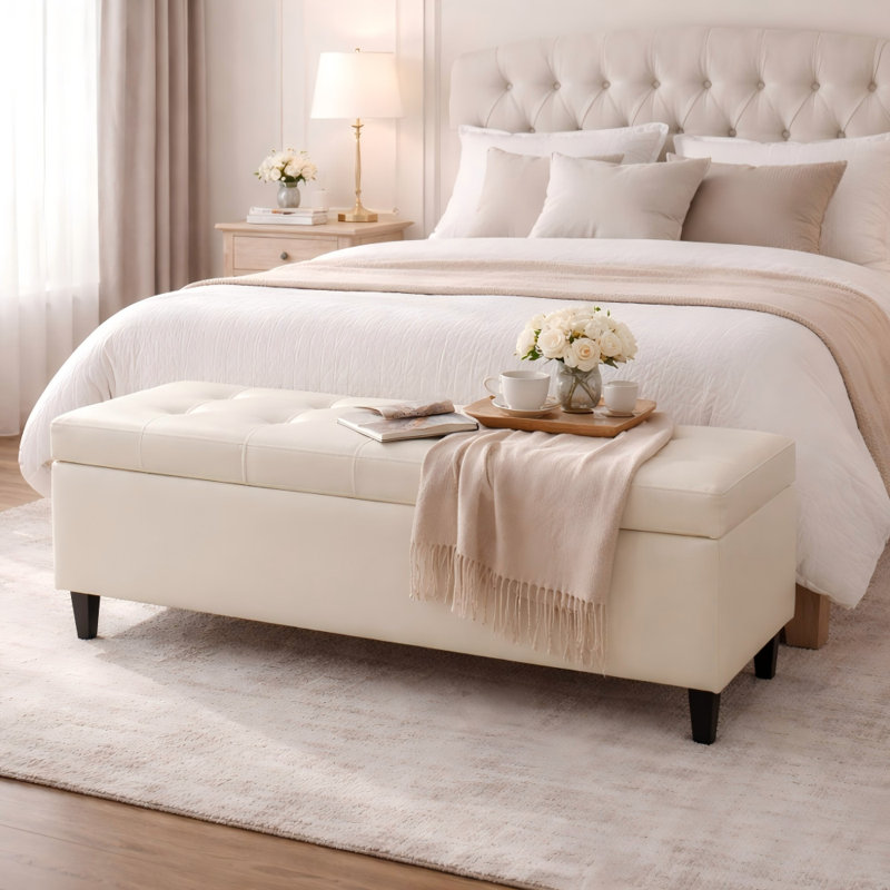 50.5" W Tufted Faux Leather Upholstered Storage Bench, White