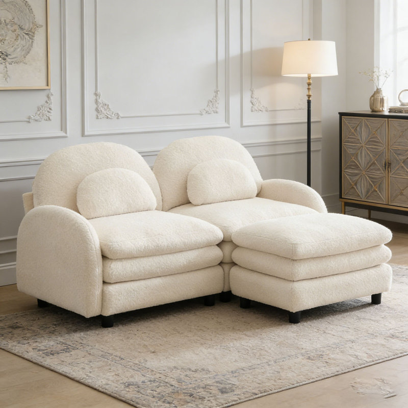 Teddy Fabric Cloud Sofa,Curved Backrest and Armrest with Curved Lumbar Pillows, Beige White+2Seat+1Ottoman