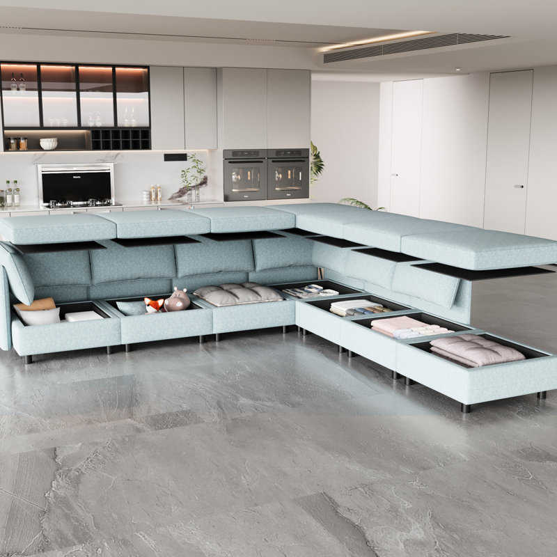 Canapé-lit modulaire avec espace de rangement, chenille, bleu antique, 8, 129 po Profondeur, 124 po Large, 32 po Hauteur, tissu chenille, 8 sièges, profondeur 126,49 po, largeur 123,02 po, hauteur 31,93 po