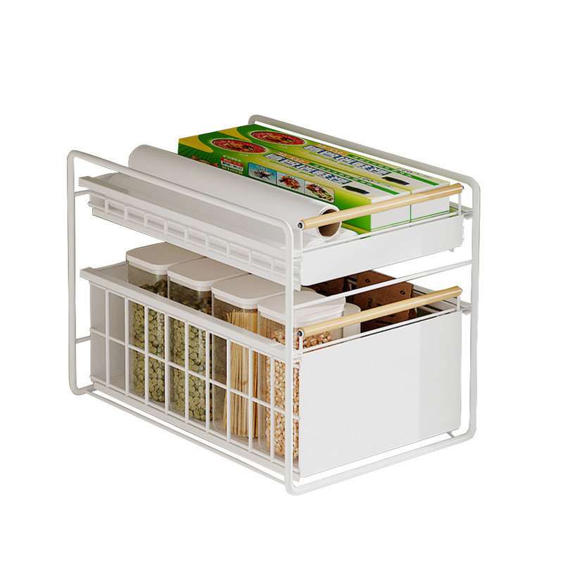 Organisateur d'armoire coulissant à 2 niveaux en acier inoxydable, glissières d'amortissement à fermeture en douceur, panier en métal chromé robuste avec doublure de tablette pour armoires de cuisine Garde-manger sous l'évier