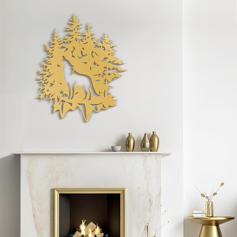 Décoration murale en métal loup et pin, décoration murale abstraite moderne minimaliste, Or, H 18 po x l 18 po x P 0,05 po