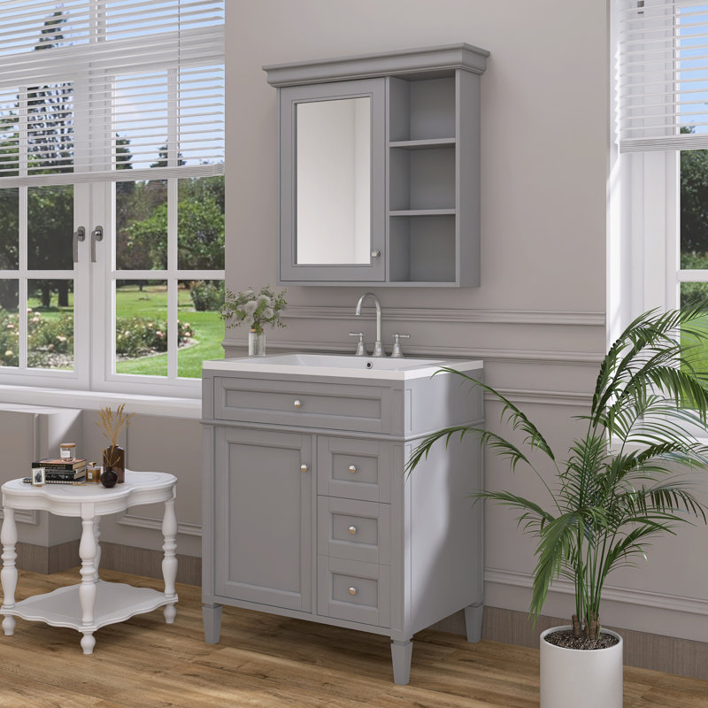 Shabir 30'' Single Bathroom Vanity with Ceramic Top and Medicine Cabinet, Gray