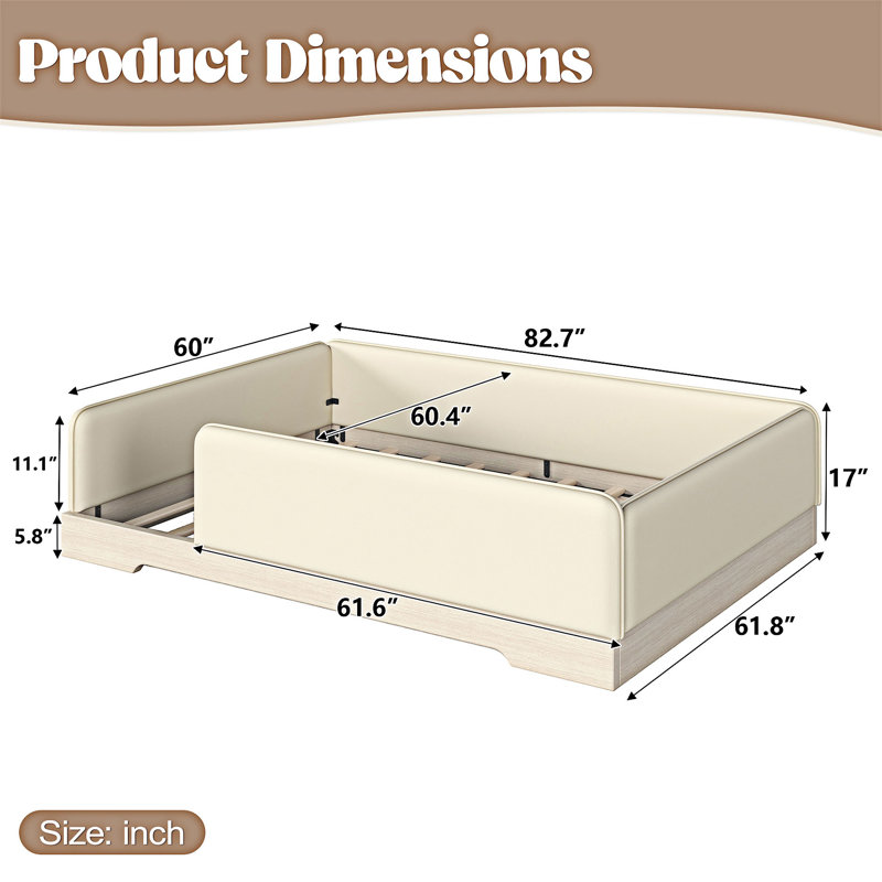 Lit de plancher rembourré avec garde-corps amovibles, Queen, Beige