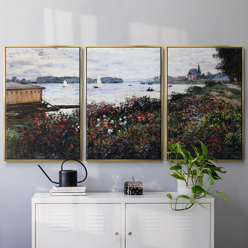 Riverbank At Argenteuil, 1877, reproduction d'art encadrée sur toile 3 pièces, H 40 po x l 78 po x P 2 po, Or