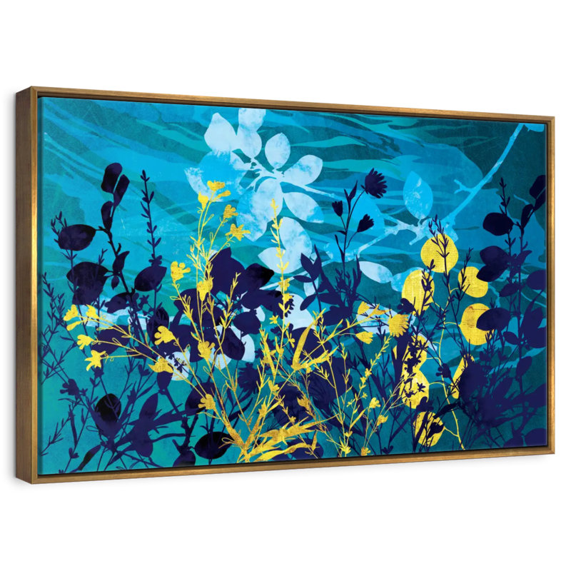 Feuillage de paysage doré et bleu, Cadre flottant doré, 31 po x 21 po