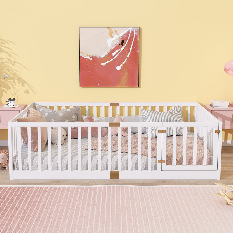 Full Size Floor Bed with High Fence Railings, with Door,6 Slats Included, Rubber Wood Floor Bed with Safety Guardrails,White