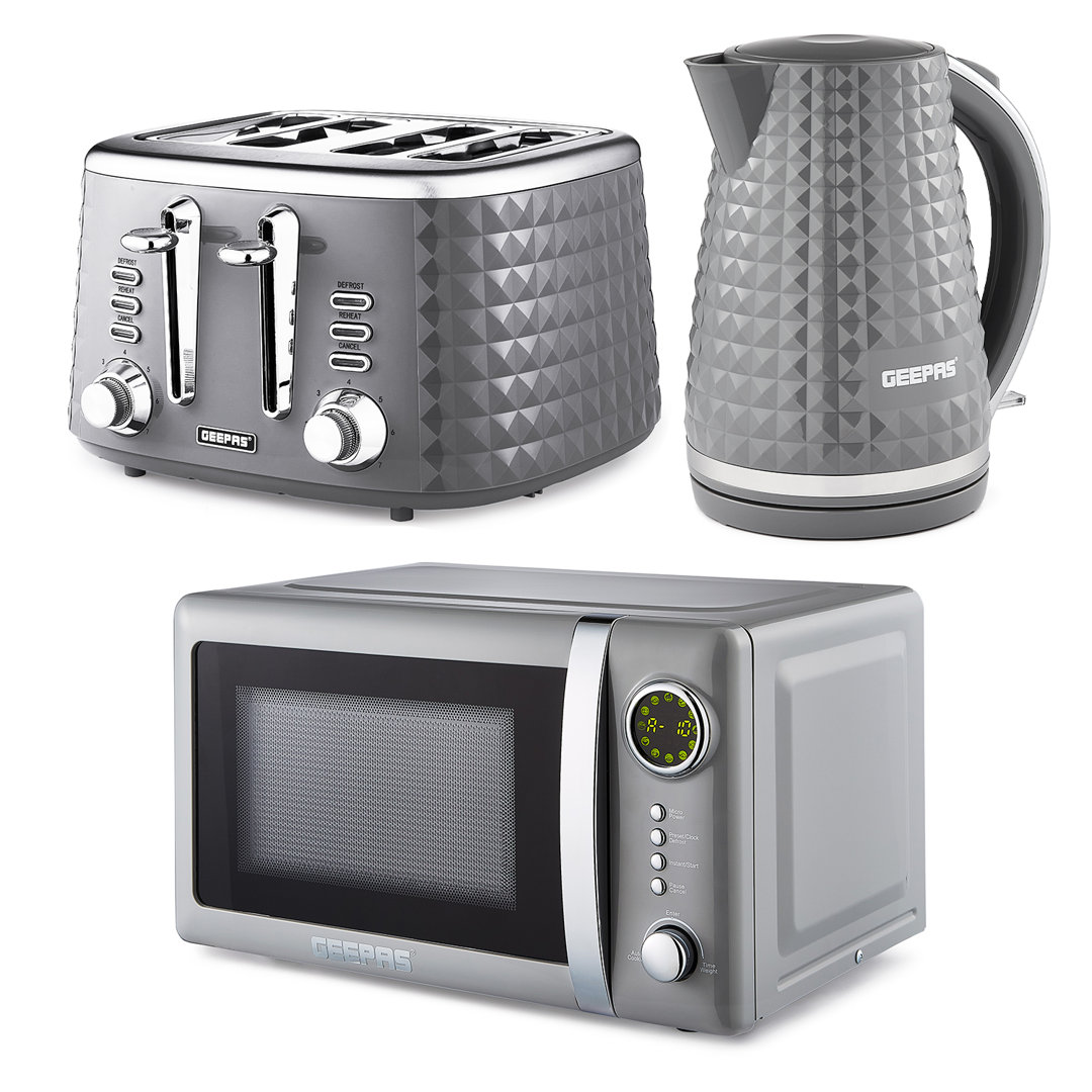 Geepas Electric Kettle 4 Slice Bread Toaster & Microwave Kitchen Set | 1.7L Textured Cordless Kettle 2200W | 4 Slice Toaster with 7 Level Browning Con
