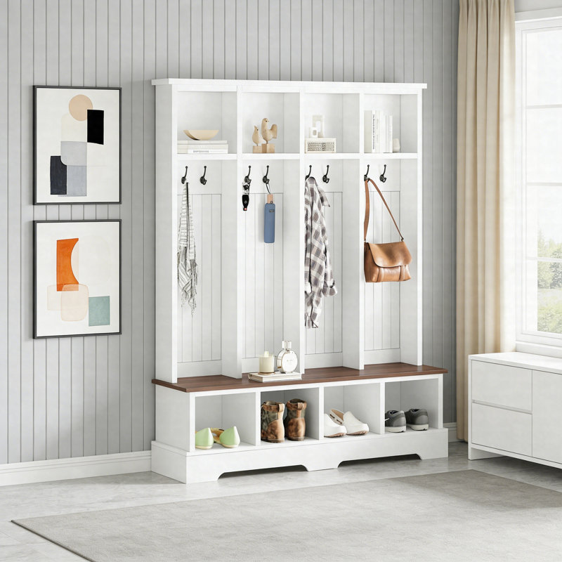 Farmhouse Hall Tree With 8 Hooks And Storage Bench – 76.7" 3-In-1 Entryway Coat Rack With Open Shoe Compartments, White