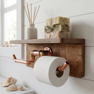 Porte-papier hygiénique mural fait à la main en cuivre avec étagère en bois rustique