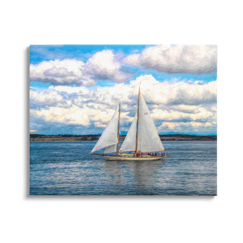 " Quaint Sailboat Floating Ocean Fluffy White Clouds " by Nan, Wrapped Canvas, 20" W x 16" H
