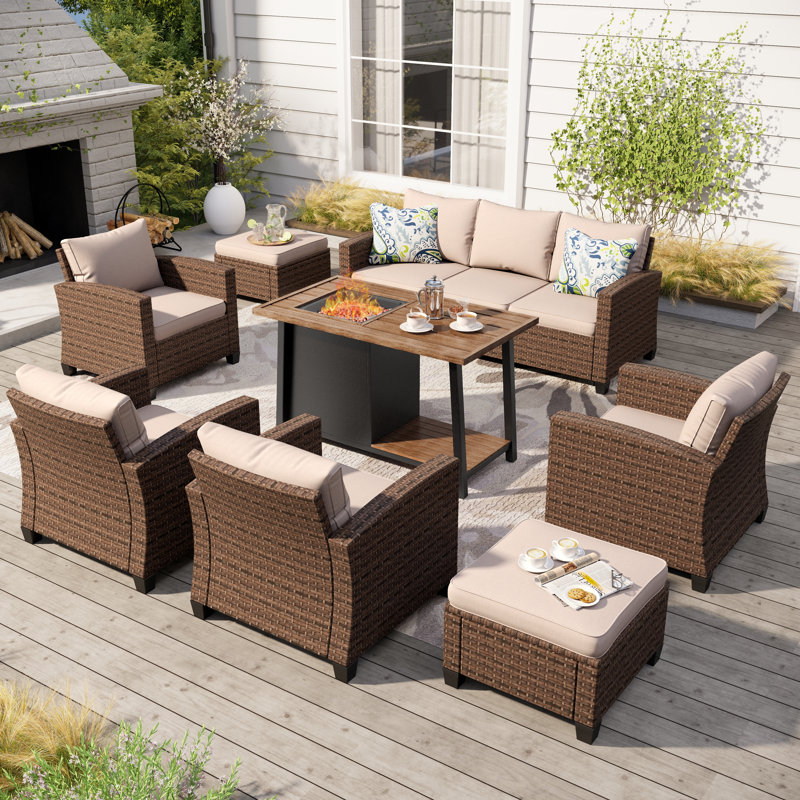 9 - Person Outdoor Wicker Patio Conversation Furniture Set With Fire Pit Table, Beige