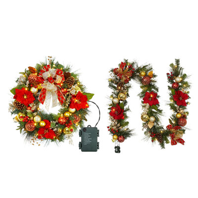 Lighted Christmas Wreath and 9 Ft Battery Operated Garland Set