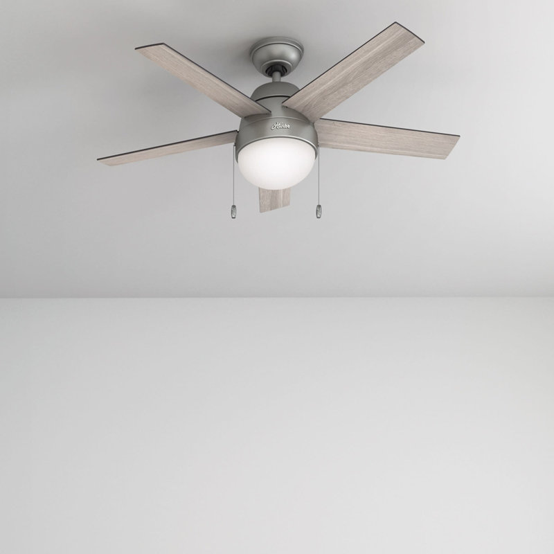 46" Anslee Standard Ceiling Fan with Pull Chain and Light Kit Included, Silver with Light Grey Oak / Grey Walnut Blades