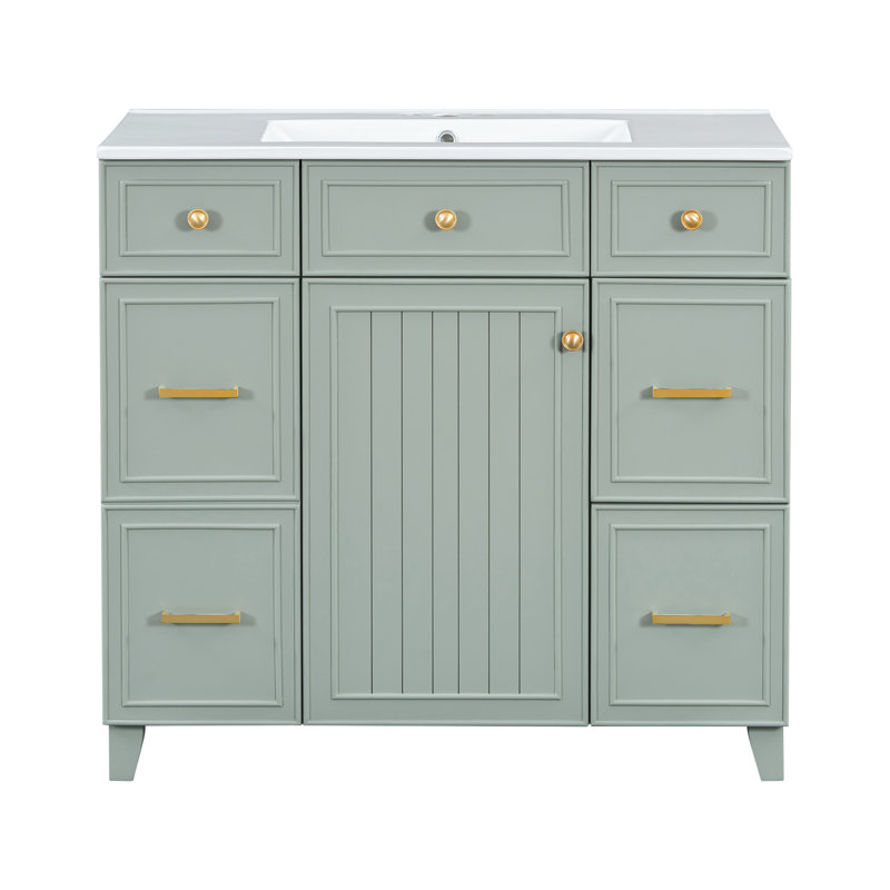 Meuble-lavabo 36 po, structure en bois massif, lavabo en céramique, 3 tiroirs, fermeture en douceur, armoire ajustable, bois, lavabo et étagères