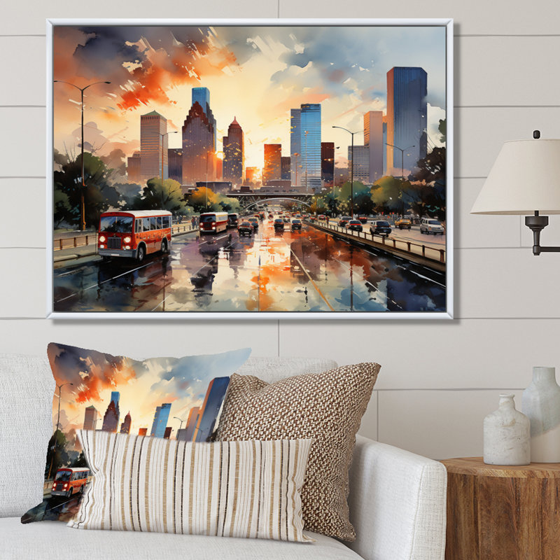 Houston City Horizons I sur impression sur toile, H 16 po x l 32 po x P 1 po, Cadre flottant blanc