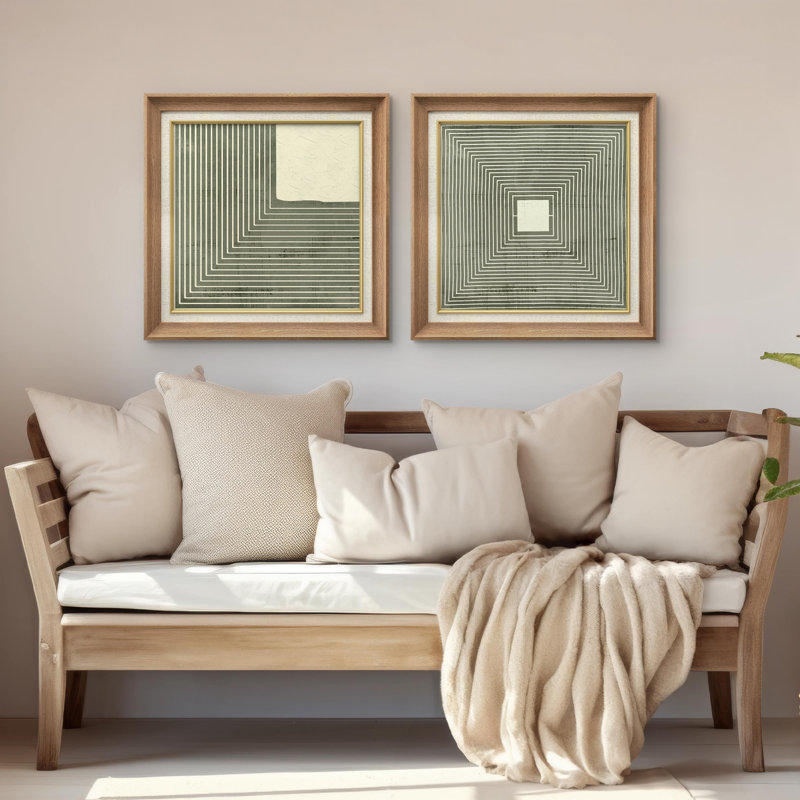 Lignes géométriques et illustrations carrées en vert organique moderne, art minimaliste, détente / calme - ensemble de 2 reproductions sur toile flottante