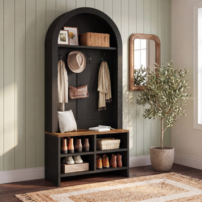 Hall Tree 31.5'' Wide with Bench and Shoe Storage, 4-In-1 Entryway Coat Rack for Mudroom, Entryway, 4 Hooks & Adjustable Cubbies