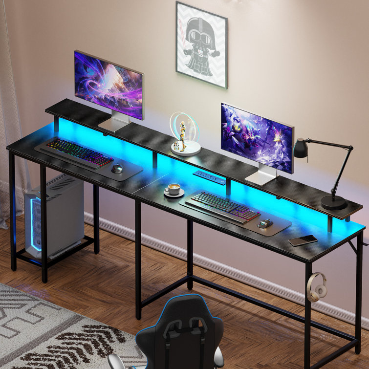 Huuger L Shaped Gaming Desk with Power Outlets, Led Lights, Computer Desk  Office Desk with Storage Shelves, Corner Home Office Desks for Bedroom,  Black 