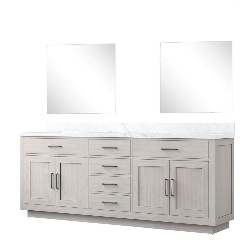 Ensemble de meuble-lavabo double 84 po Marble Large, 22 profonds avec 34 miroirs et fonctionnalité de fermeture douce en chêne, surface, ouverture