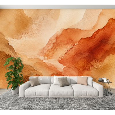 Papier peint adhésif pelez et collez, aquarelle abstraite, couches de brun et orange, teintes murales, papier peint amovible en PVC, H 100 po x l 144 po, pour bureau à domicile