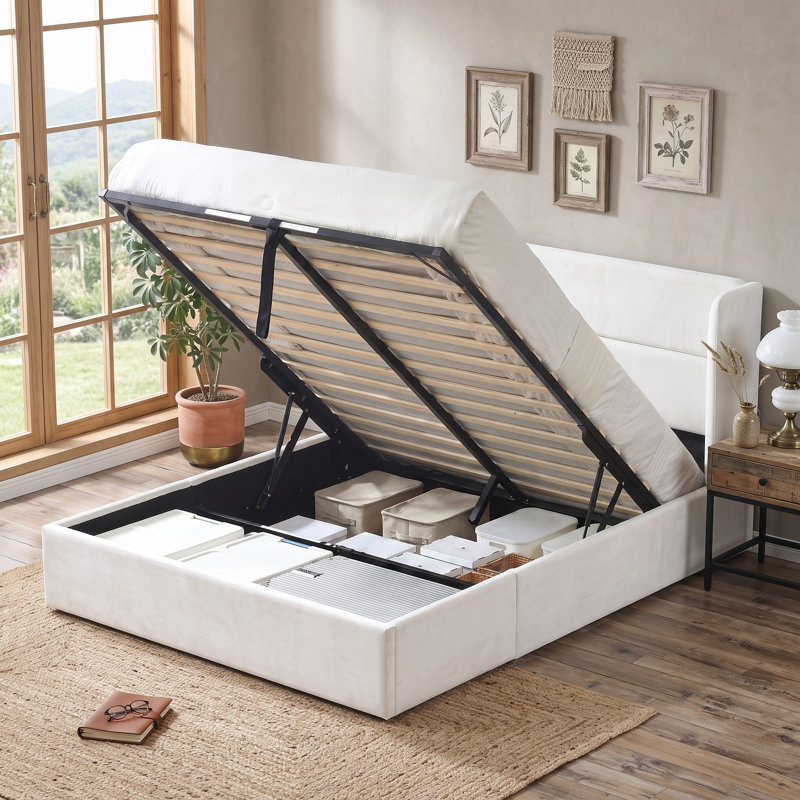 Lit plateforme tapissier avec rangement Gaillarde, Grand, Crème