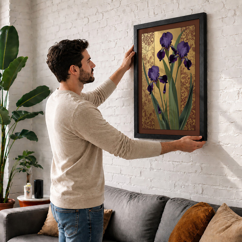 Irises Against Damask Botanical - Framed Print, A1 - 84.1 x 59.4 cm, Oak