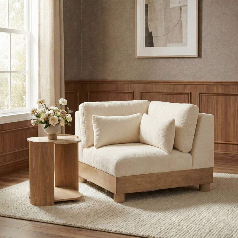Fauteuil d'angle rembourré Turin, Tissu chenille crème, Naturel