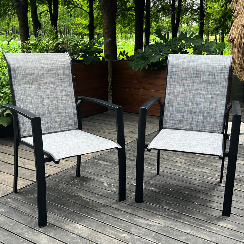 Deux chaises d'extérieur en métal empilables pour patio, jardin ou bord de piscine, structure noire, résistante aux intempéries, à séchage rapide, L 22,1 po x l 25,2 po, H 36 po, capacité de 400 lb pour tous les repas 2, dossier et siège respirants