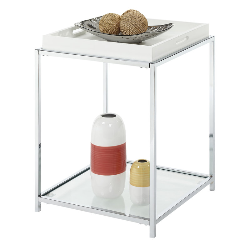 Glass Tray Top End Table with Storage, White