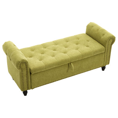 Banc rembourré pour chambre à coucher et salon. . Bouton. Capacité de 275 lb. Matériau en lin. Décoration de rivets. Traction. Tissu. Conception.